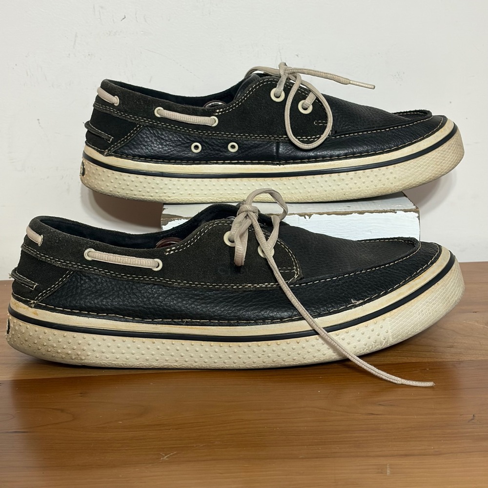 Crocs Harborline Mens Boat Shoes Leather Suede Loafers Black Tan 12595 Size‎ 12
